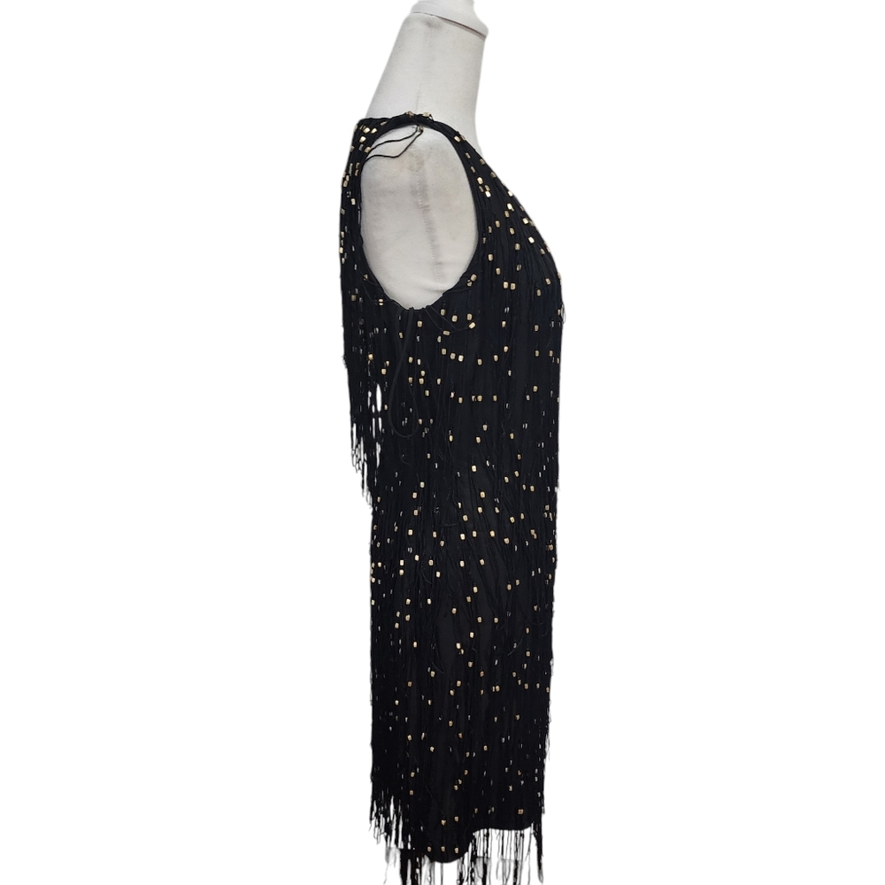 NEW Bagley Mischka Collection Silk Gold Bead Fringe Sleeveless Flapper Dress - Picture 5 of 12